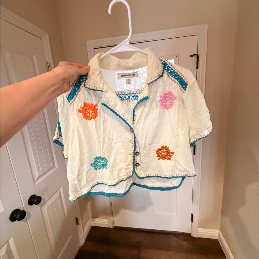 Floral Embroidered crop top- Cream with Blue and Orange Accents